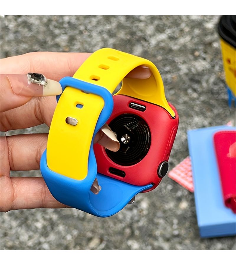 Cute Blue Yellow Silicone Soft Case For Apple Watch 42 44 46 45 40 41 38Mm Butterfly Buckle Sports Strap - Image 2