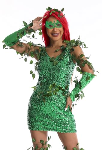 POEWAUVE Halloween ivy costume accessories, Included Long Green Fingerless Gloves 5 Pieces Artificial Ivy Vines Green Masks for Halloween Women Cosplay - Image 2