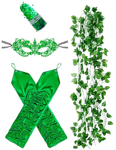 POEWAUVE Halloween ivy costume accessories, Included Long Green Fingerless Gloves 5 Pieces Artificial Ivy Vines Green Masks for Halloween Women Cosplay - Image 1