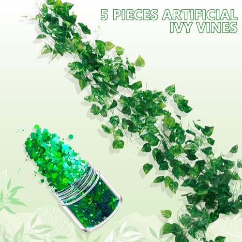 POEWAUVE Halloween ivy costume accessories, Included Long Green Fingerless Gloves 5 Pieces Artificial Ivy Vines Green Masks for Halloween Women Cosplay - Image 4