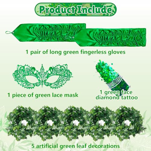 POEWAUVE Halloween ivy costume accessories, Included Long Green Fingerless Gloves 5 Pieces Artificial Ivy Vines Green Masks for Halloween Women Cosplay - Image 3