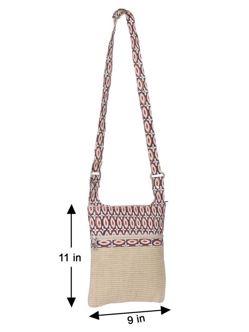 Jute Cottage Eco-Friendly Women's Jute 11 x 9 Inch Kalamkari Dobby Sling Bag, Natural - Image 3