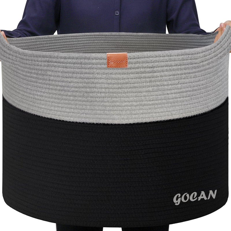 GOCAN سلة غسيل كبيرة جدًا من XXXL مصنوعة من الحبل، سلة غسيل مقاس D55XH35 سم، سلة تخزين، سلة غسيل مع مقابض لسلة ألعاب الكلاب، سلة كتان، سلال غسيل لغرف النوم... (أسود/رمادي) - Image 1