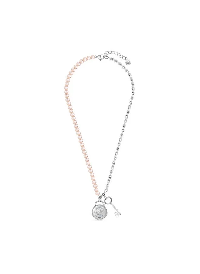 سانت هونور Pont Des Arts Half Silver and Half Pink Pearls Padlock Necklace for Women's