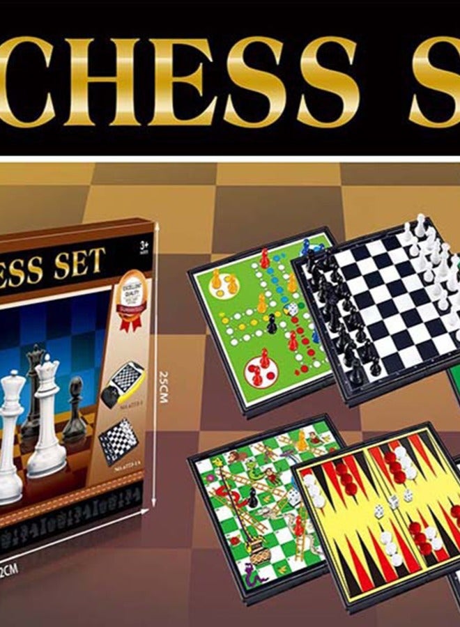 6-In-1 Wooden Chess Set Game with Chess Folding/Portable Storage Board, Traditional Game, Educational Toys for Kids/Children - Image 1