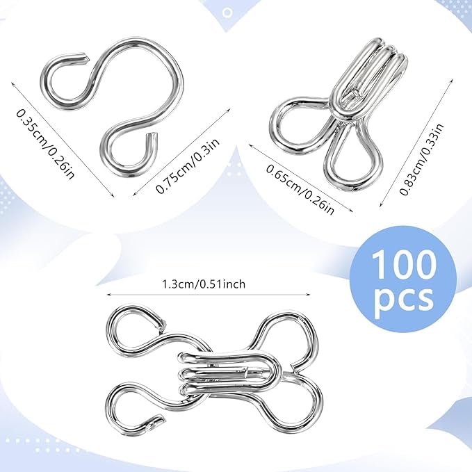 RIANZ® Pack of 100 Sets Hook and Eye Closures for Clothing - Hook and Eye Sewing, Blouse/Bra/Dress Hooks Replacement Bra Clasp for Straps Invisible Safety Buckle (Silver) - Image 2