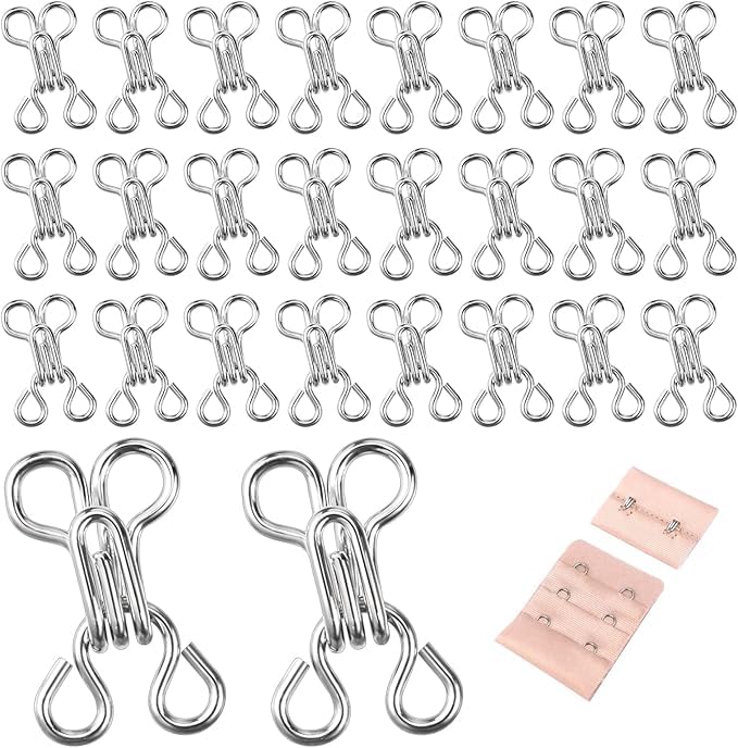 RIANZ® Pack of 100 Sets Hook and Eye Closures for Clothing - Hook and Eye Sewing, Blouse/Bra/Dress Hooks Replacement Bra Clasp for Straps Invisible Safety Buckle (Silver) - Image 1