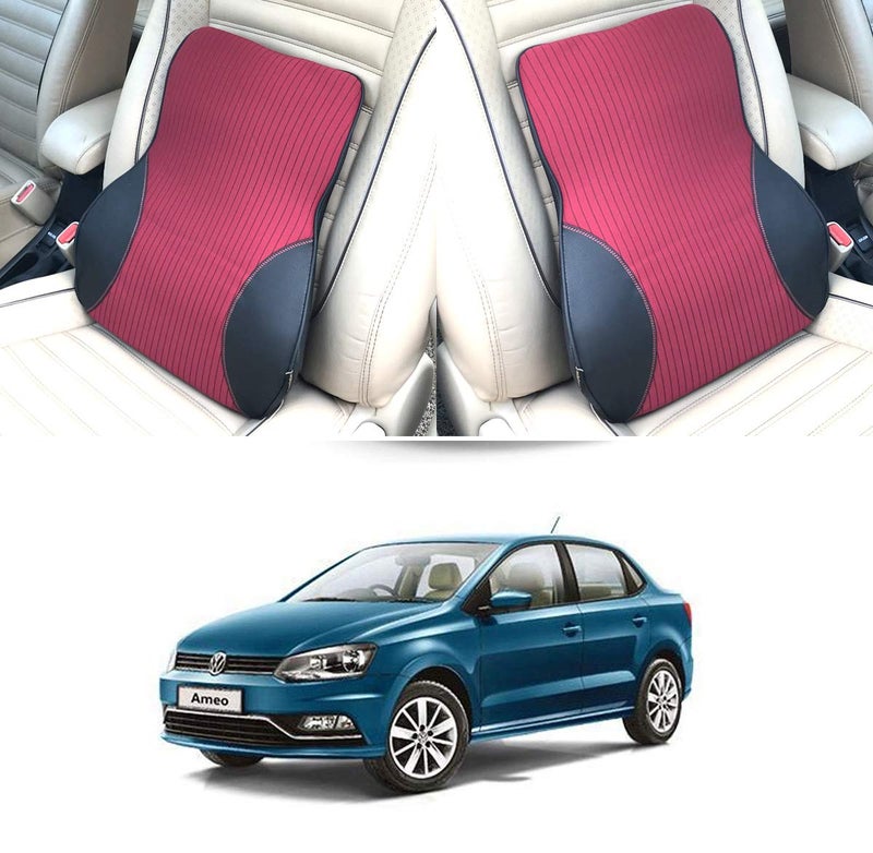 Oshotto وسادة دعم أسفل الظهر بتشطيب جلد صناعي لمقعد المكتب | وسادة ظهر للسيارة | وسادة طبية من رغوة الذاكرة - توفر دعمًا منخفضًا للظهر متوافقة مع فولكس فاجن أميوا (أسود، أحمر) - Image 2