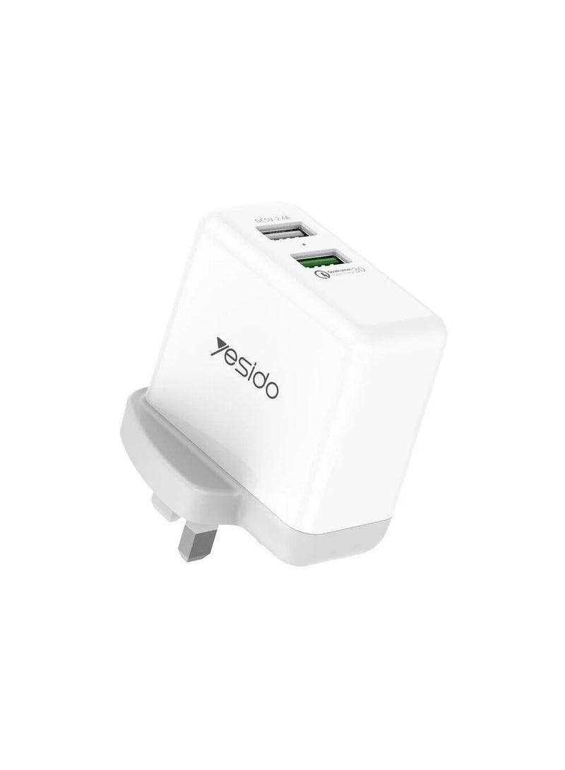 Yesido Yesido YC13 Quick Fast Charger Travel Charger with Dual Port USB charger UK Plug - White  - Image 1
