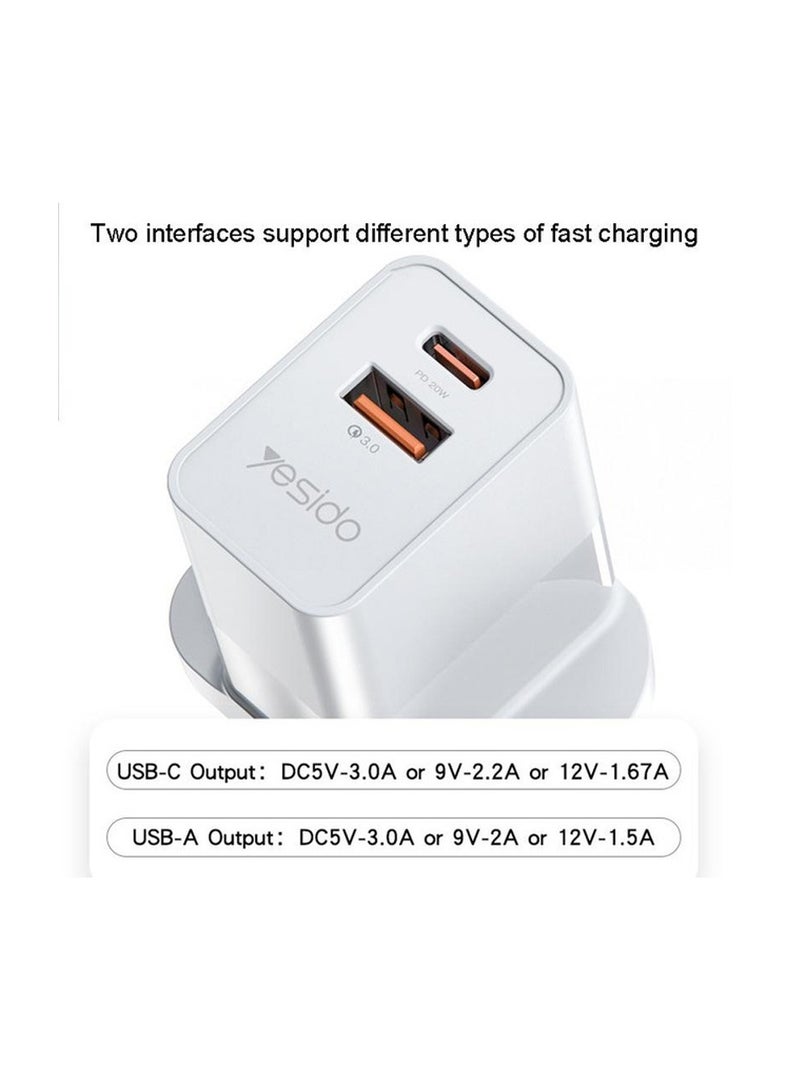 Yesido Yesido YC13 Quick Fast Charger Travel Charger with Dual Port USB charger UK Plug - White  - Image 4