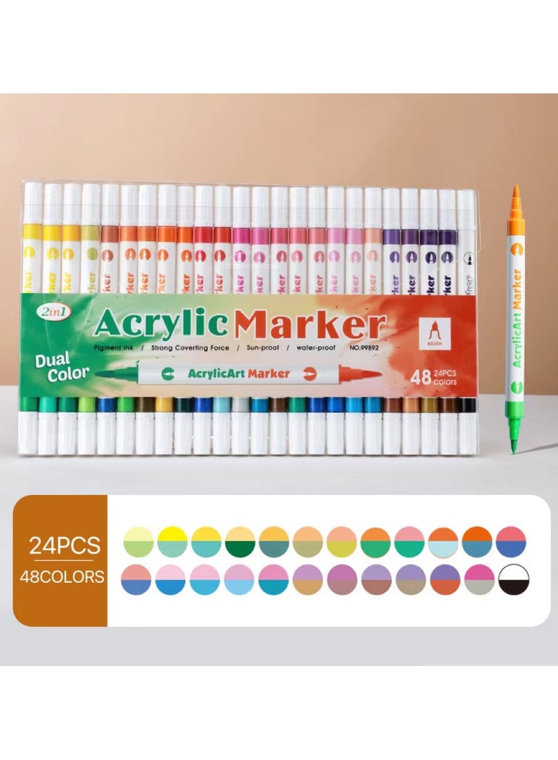 Generic 24 Pieces 48 Colors Acrylic Paint Markers Set, Premium Dual Tip Dual Color Acrylic Paint Pens With Brush Tip, Sunproof, Waterproof,Non-Toxic, odorless, Suitable for Paper, Pottery, Stones, Backpacks  - Image 5
