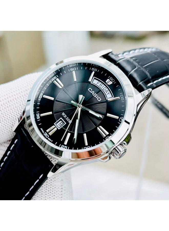 Casio MTP-1381L-1AVDF Men’s Analog Watch – Black Dial, Black Leather Strap, Day & Date Display, Classic Elegant Design - Image 2