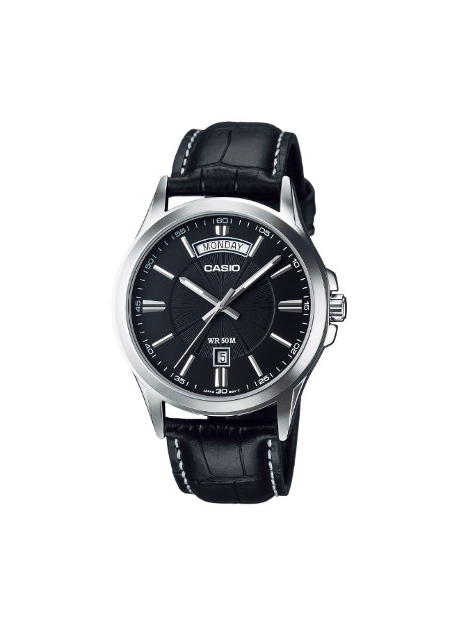 Casio MTP-1381L-1AVDF Men’s Analog Watch – Black Dial, Black Leather Strap, Day & Date Display, Classic Elegant Design - Image 1