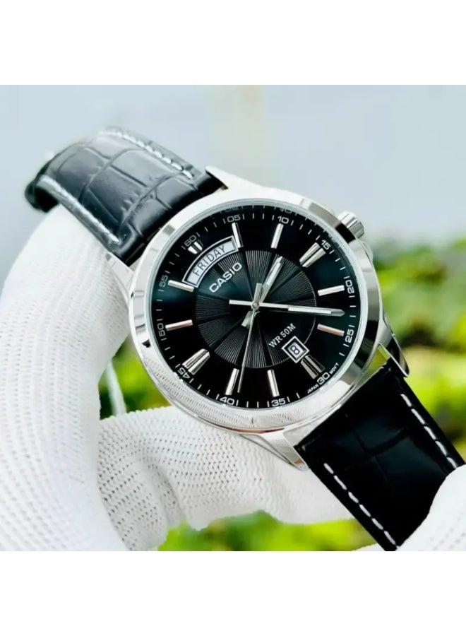 Casio MTP-1381L-1AVDF Men’s Analog Watch – Black Dial, Black Leather Strap, Day & Date Display, Classic Elegant Design - Image 3