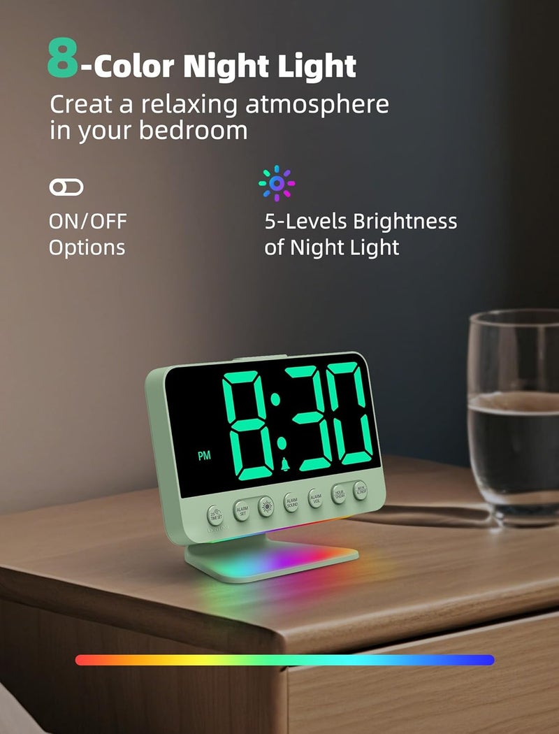 Odokee Digital Alarm Clocks for Bedrooms: Large Bold Number 5 Brightness Dimmer - Easy to Read Across The Room - 5 Alarm Sound 8 Night Light - Sage Green - Image 5