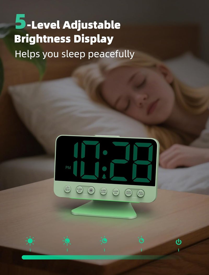 Odokee Digital Alarm Clocks for Bedrooms: Large Bold Number 5 Brightness Dimmer - Easy to Read Across The Room - 5 Alarm Sound 8 Night Light - Sage Green - Image 4