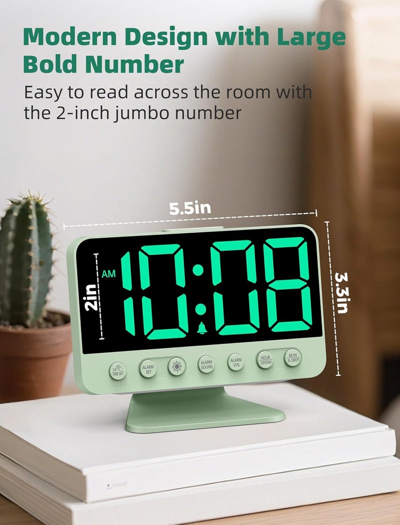 Odokee Digital Alarm Clocks for Bedrooms: Large Bold Number 5 Brightness Dimmer - Easy to Read Across The Room - 5 Alarm Sound 8 Night Light - Sage Green - Image 2