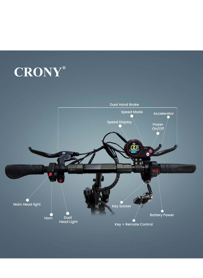 Crony - V10 Fast Speed E-Scooter 1200W Motor 48v/12ah,10"Off-Road Tires,Dual Suspension/Hydraulic Disc Brakes E-Bike with seat, Triple Led Headlamps, All-Terrain, Easy Foldable, Portable Commuter Electric Scooter For Adults & Kids, 120kg Load Skateboard Aluminum Frame, Urban Mobility，Black - Image 1
