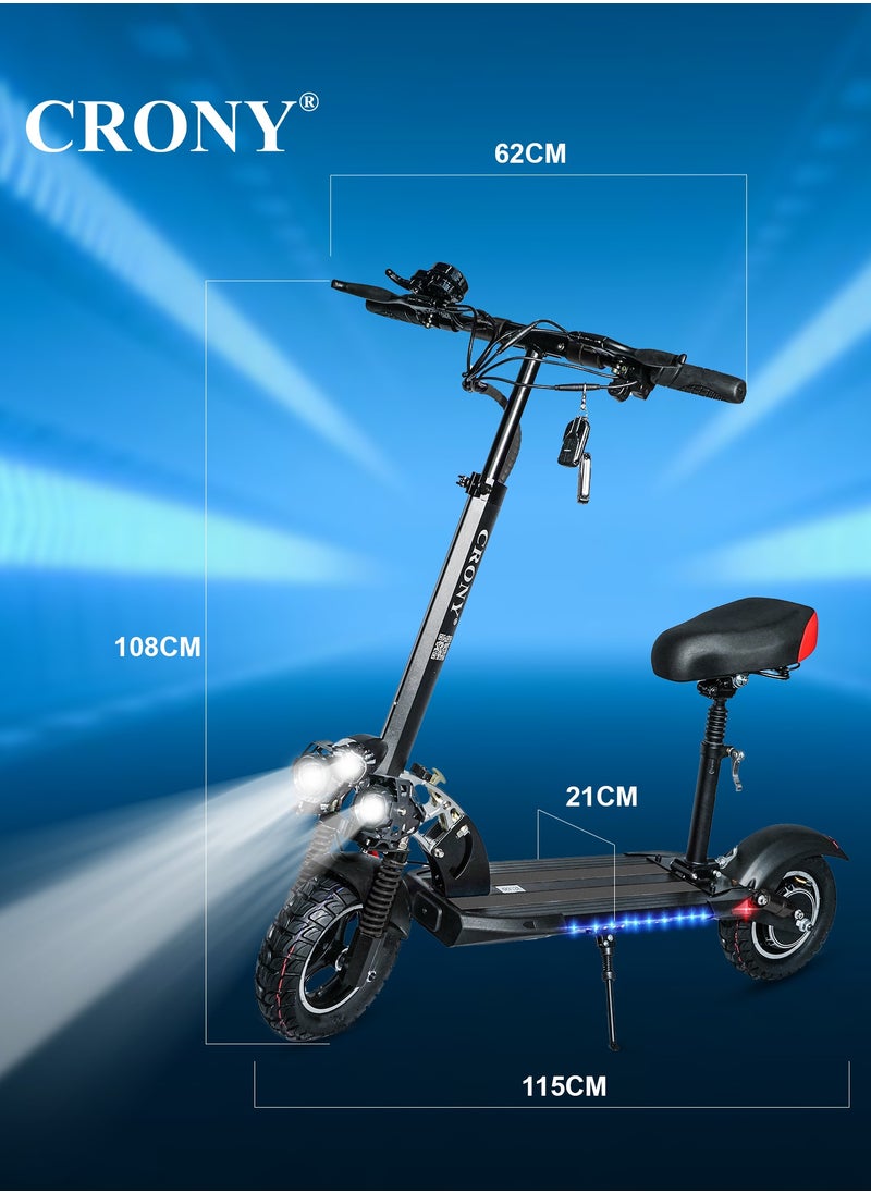 Crony - V10 Fast Speed E-Scooter 1200W Motor 48v/12ah,10"Off-Road Tires,Dual Suspension/Hydraulic Disc Brakes E-Bike with seat, Triple Led Headlamps, All-Terrain, Easy Foldable, Portable Commuter Electric Scooter For Adults & Kids, 120kg Load Skateboard Aluminum Frame, Urban Mobility，Black - Image 1