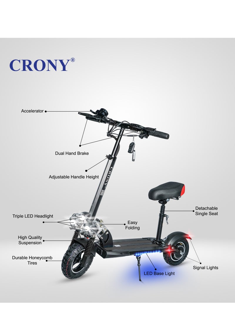 Crony - V10 Fast Speed E-Scooter 1200W Motor 48v/12ah,10"Off-Road Tires,Dual Suspension/Hydraulic Disc Brakes E-Bike with seat, Triple Led Headlamps, All-Terrain, Easy Foldable, Portable Commuter Electric Scooter For Adults & Kids, 120kg Load Skateboard Aluminum Frame, Urban Mobility，Black - Image 1