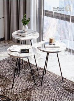 DANTA HOME 3-Piece Side Service Tables For Serving Coffee And Tea Suitable For Living Room, Office And Bedroom ( White Marble / Black)  - Image 2