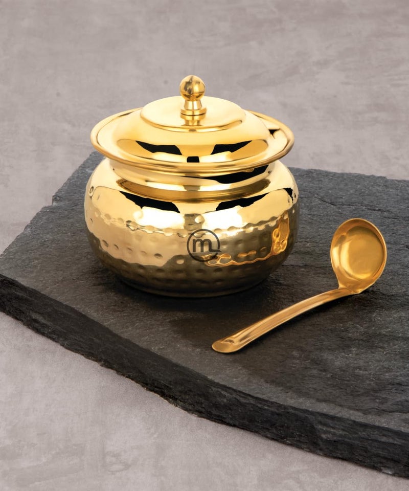 Mishaa 300ml Brass Ghee Pot with Spoon Lid Elegant Durable Design for Ghee Oils and Condiments Perfect for Modern Kitchens Pooja Areas and Dining - Image 1