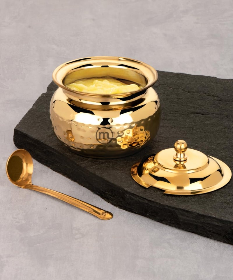 Mishaa 300ml Brass Ghee Pot with Spoon Lid Elegant Durable Design for Ghee Oils and Condiments Perfect for Modern Kitchens Pooja Areas and Dining - Image 2