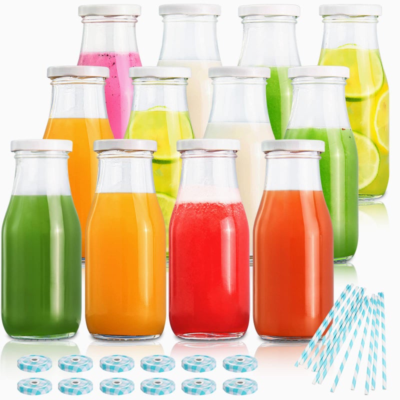 Yeboda 11Oz Glass Milk Bottles With Reusable Metal Twist Lids And Straws For Beverage Glassware And Drinkware Parties  Weddings  Bbq  Picnics  Set Of 12 - Image 1