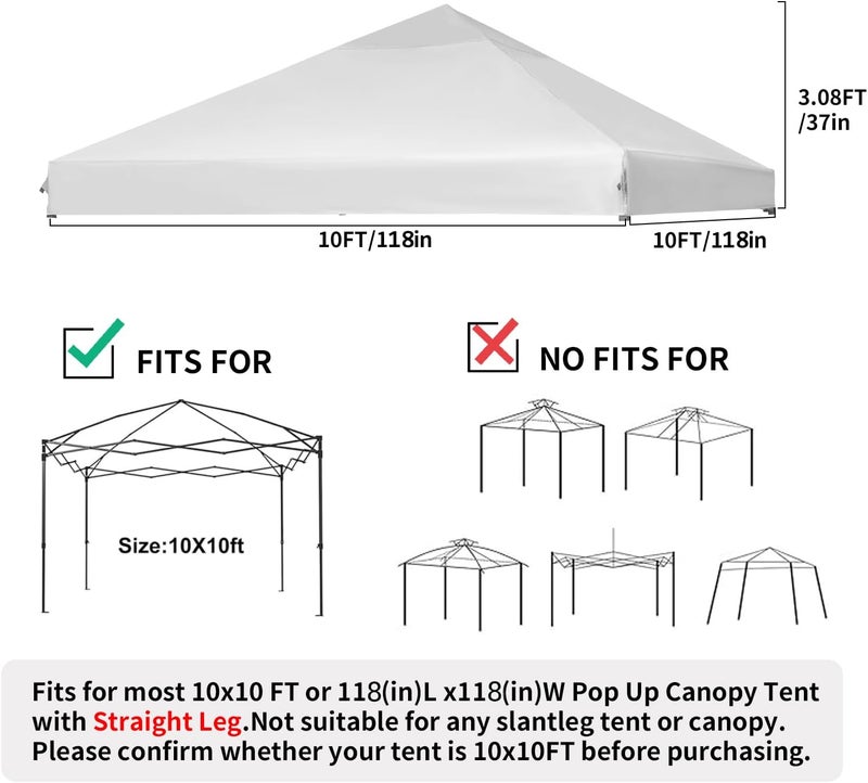 GOTRUTH 10x10 Canopy Replacement top, Waterproof Canopy Replacement Cover for Straight Leg Frame, Replacement Canopy top for Outdoor Garden Patio Camping Sun Shade.(Top Only)(White) - Image 2