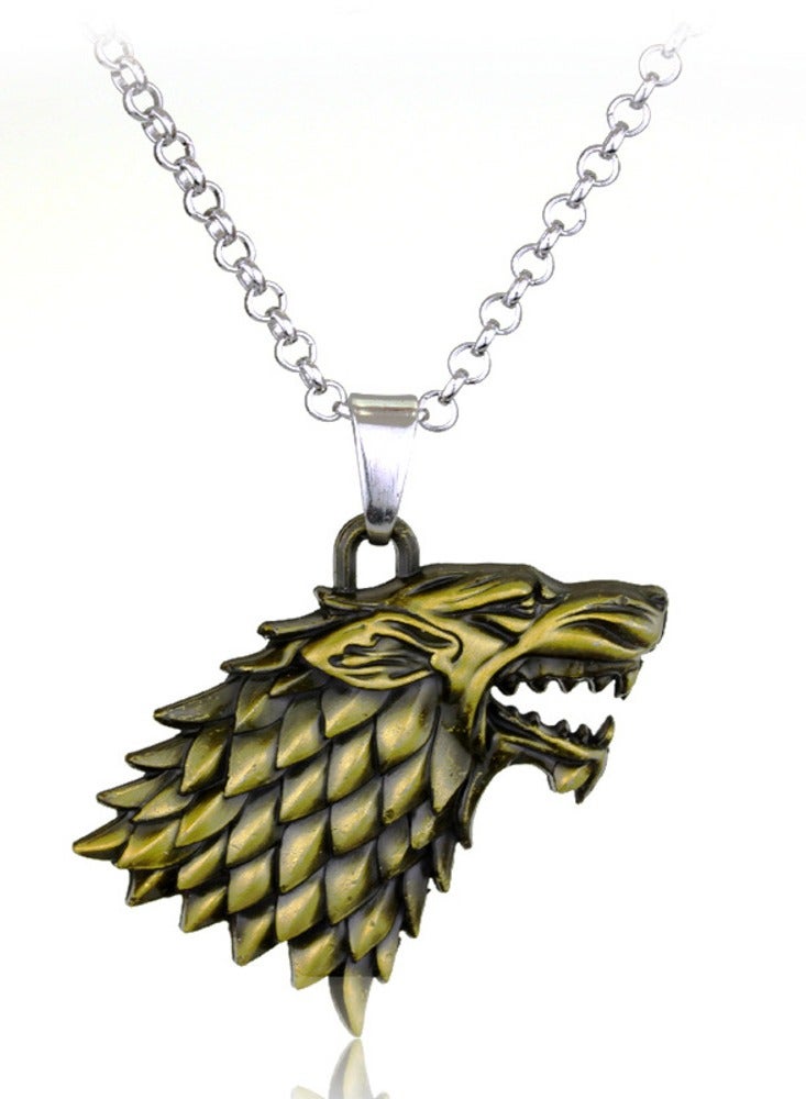Zchiko Game of Thrones House Stark Wolf Head Necklace Pendant. (Color: Bronze/Gold) - Image 1