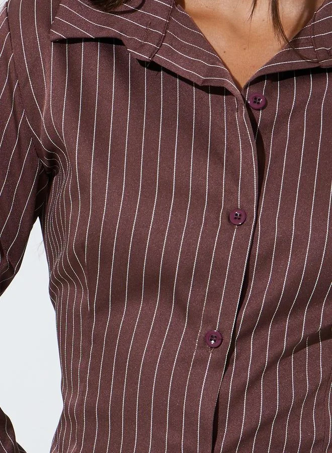 Styli  Brown Striped Long Sleeves Shirt and Wide Leg Pants Co-Ords for Women | Best Price UAE