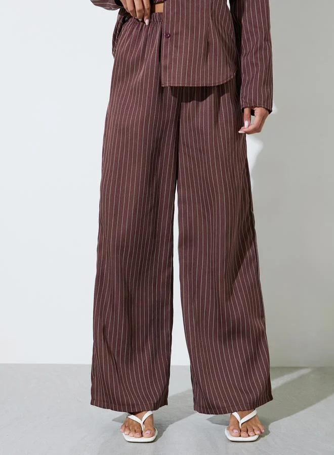 Styli  Brown Striped Long Sleeves Shirt and Wide Leg Pants Co-Ords for Women | Best Price UAE