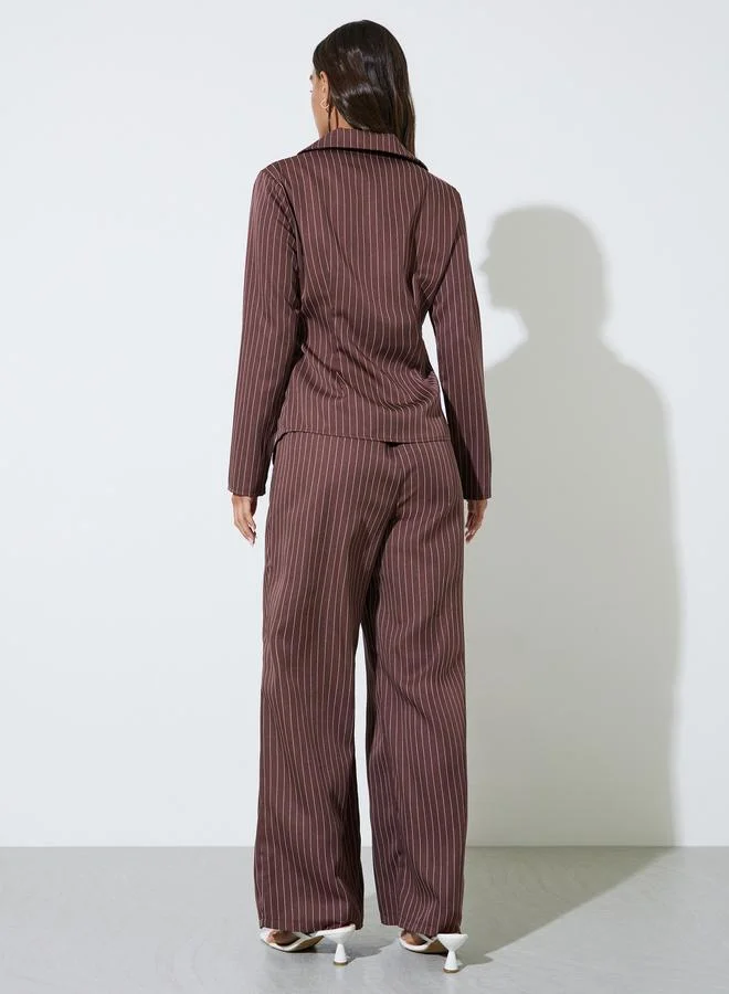 Styli  Brown Striped Long Sleeves Shirt and Wide Leg Pants Co-Ords for Women | Best Price UAE