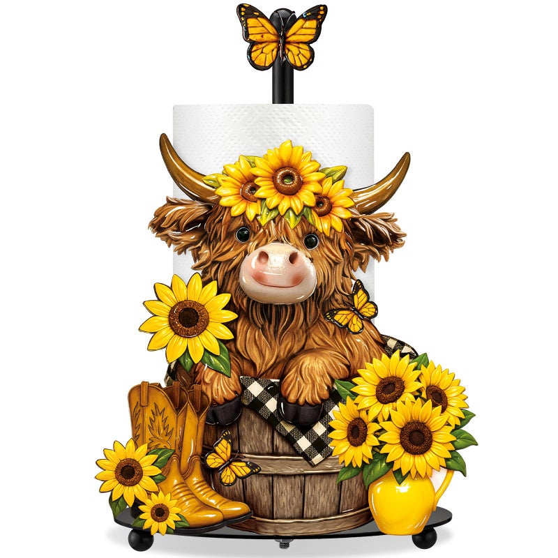 Chunful Summer Sunflower Highland Cow Paper Towel Holder Sunflower Floral Cattle Kitchen Bathroom Decor Farmhouse Metal Highland Cow Towel Holder Stand with Round Base for Home Countertop Accessories - Image 2