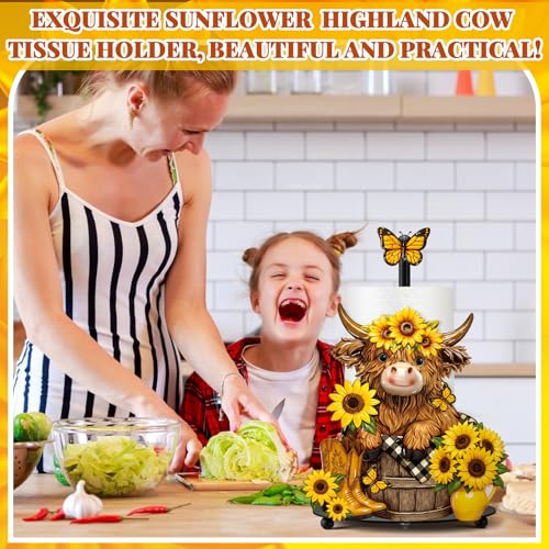 Chunful Summer Sunflower Highland Cow Paper Towel Holder Sunflower Floral Cattle Kitchen Bathroom Decor Farmhouse Metal Highland Cow Towel Holder Stand with Round Base for Home Countertop Accessories - Image 3