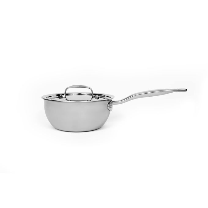 2 QUART SAUCIER WITH LID MADE IN USA TITANIUM SERIES 316TI STAINLESS STEEL PAN WITH STAY COOL HANDLE FULLY CLAD WITH 5PLY CONSTRUCTION INDUCTION READY NON TOXIC