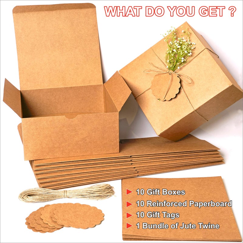mudrit Kraft Gift Boxes, Thick Kraft Paper Boxes With Lids, Tags & Jute Rope For Gifts, Wedding Favours, Bridesmaid Proposals, Cupcakes, Crafting (Brown)-8X8X4 Inches, 10 Pack - Image 2