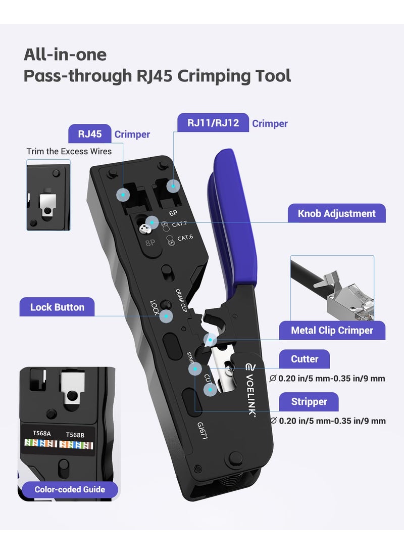 VCELINK VCELINK RJ45 Crimping Tool Pass Through, Ethernet Wire Cutter Crimper for Cat7 Cat6A Cat6 Cat5E Cat5 Pass-through and Non-pass-through Connectors  - Image 2