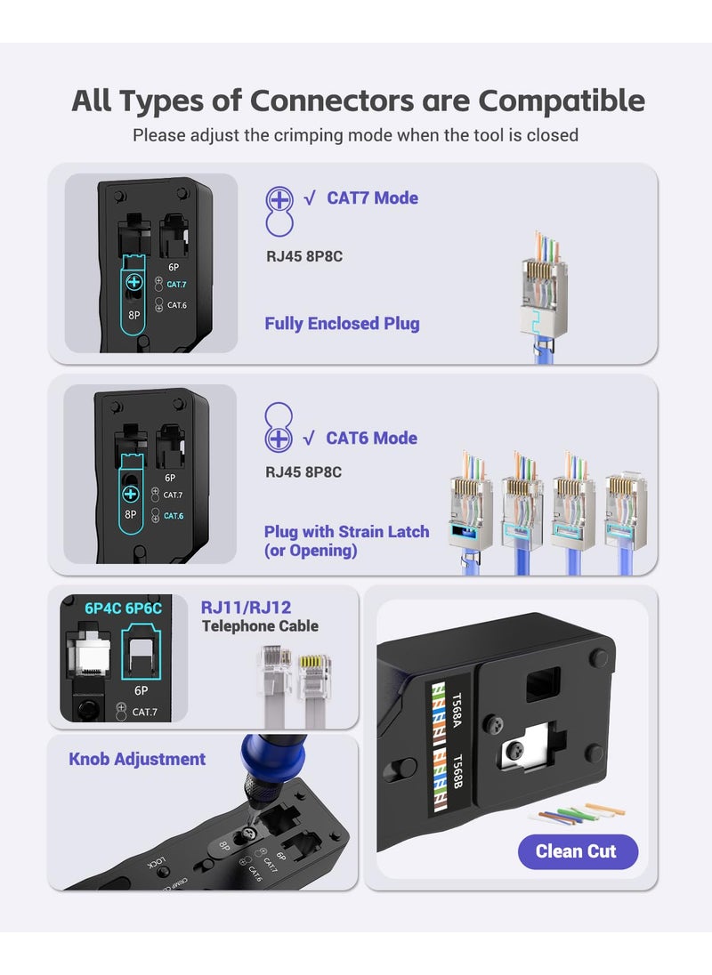 VCELINK VCELINK RJ45 Crimping Tool Pass Through, Ethernet Wire Cutter Crimper for Cat7 Cat6A Cat6 Cat5E Cat5 Pass-through and Non-pass-through Connectors  - Image 3