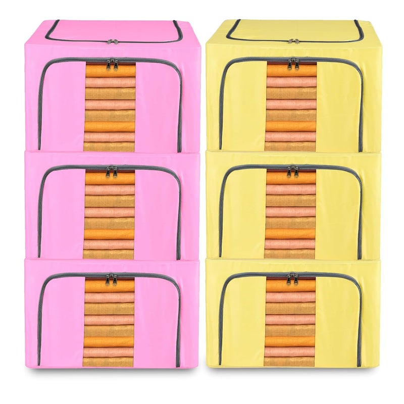 Kuber Industries Pack of 6 Clothes Storage Box 66 LTR Underbed Storage Bag Foldable Parachute Steel Frame Wardrobe Organizer Waterproof Storage Box for Blankets Yellow Pink - Image 1