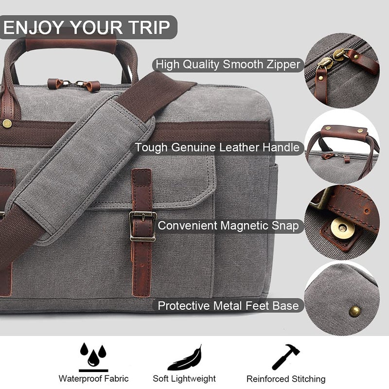 SOAEON Duffle Bag for Men Waterproof Genuine Leather Canvas Travel Duffel Bags for Women Overnight Weekender Bag for Traveling, Grey - Image 4