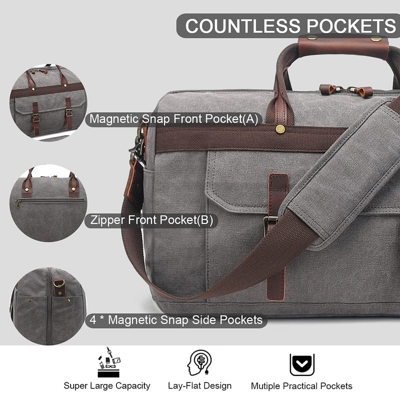 SOAEON Duffle Bag for Men Waterproof Genuine Leather Canvas Travel Duffel Bags for Women Overnight Weekender Bag for Traveling, Grey - Image 5