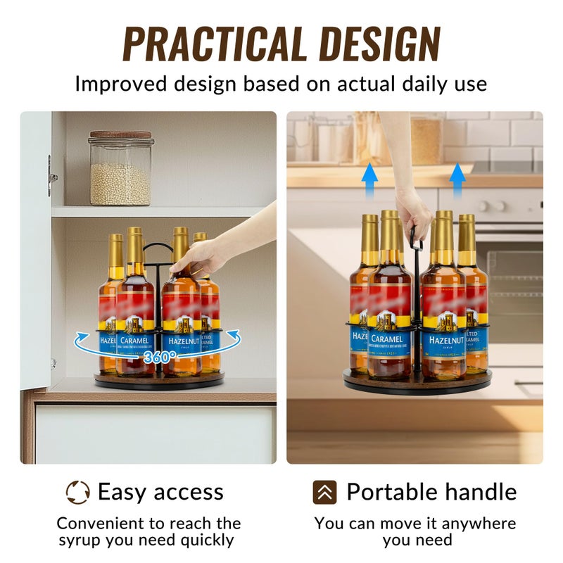 SUNNEKO Rotating Coffee Syrup Organizer Hold 6 Bottles, Wood Coffee Syrup Rack for Countertop, Large Bottle Holder Stand for Bar Station, Turntable Wine Display Tray (Black - 6 Bottles) - Image 4
