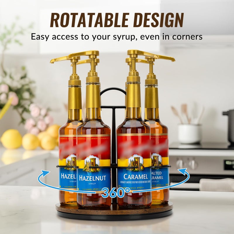 SUNNEKO Rotating Coffee Syrup Organizer Hold 6 Bottles, Wood Coffee Syrup Rack for Countertop, Large Bottle Holder Stand for Bar Station, Turntable Wine Display Tray (Black - 6 Bottles) - Image 3