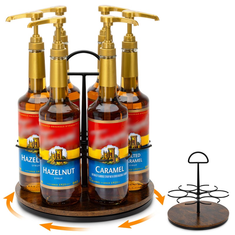 SUNNEKO Rotating Coffee Syrup Organizer Hold 6 Bottles, Wood Coffee Syrup Rack for Countertop, Large Bottle Holder Stand for Bar Station, Turntable Wine Display Tray (Black - 6 Bottles) - Image 1