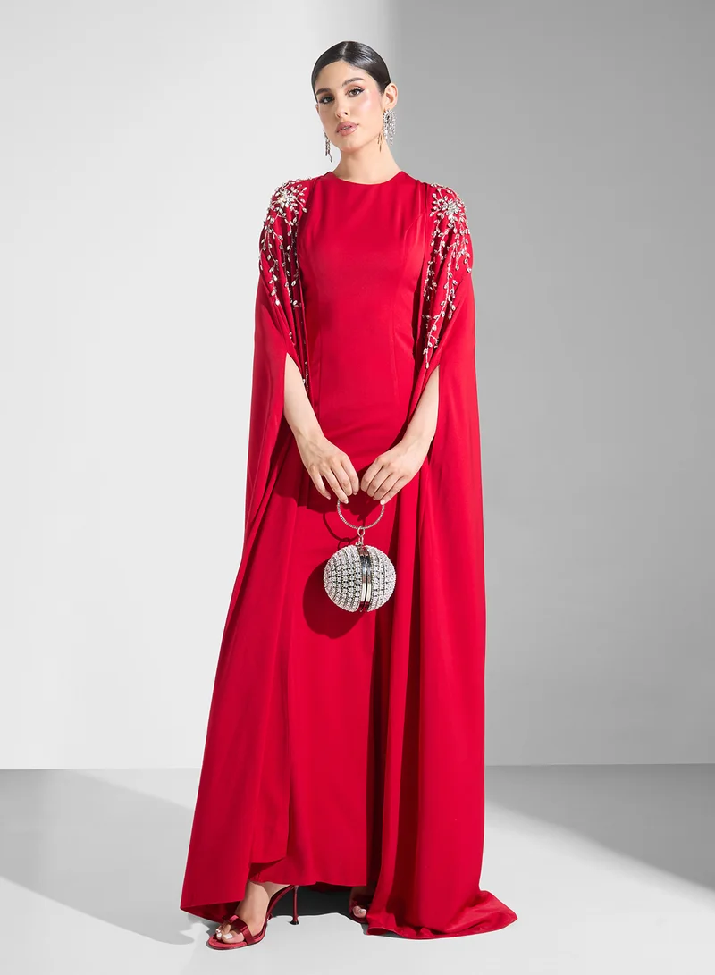 Akadia Fashion Caped Crimson Gown Dress