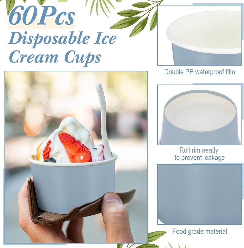 Maxdot 60pcs 4oz Dessert Cups, Disposable Ice Cream Cups, Paper Frozen Yogurt Bowls, for Hot and Cold Foods, Suitable for Gelato or Mousse(Gray Blue) - Image 3