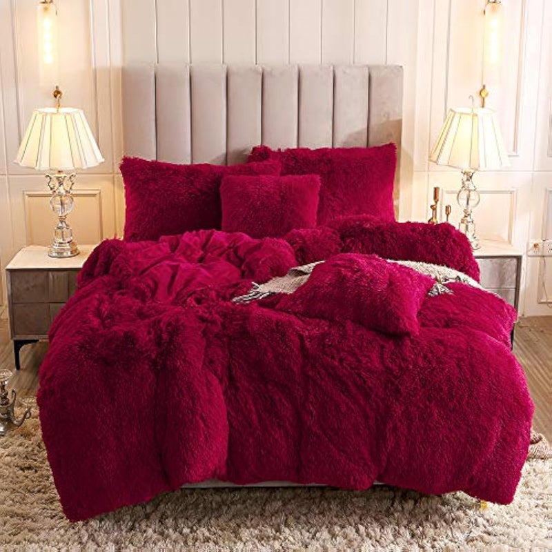 Uhamho Faux Fur Velvet Fluffy Bedding Duvet Cover Set Down Comforter Quilt Cover with Pillow Shams Ultra Soft Warm Burgundy Queen
