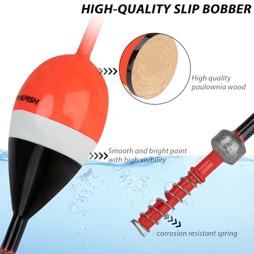 THKFISH Fishing Floats and Bobbers Balsa Wood Floats Spring Bobbers with Oval Slip Bobbers for Crappie Panfish Walleyes Fixed Bobber 1"X0.7"X6" 5pcs - Image 2