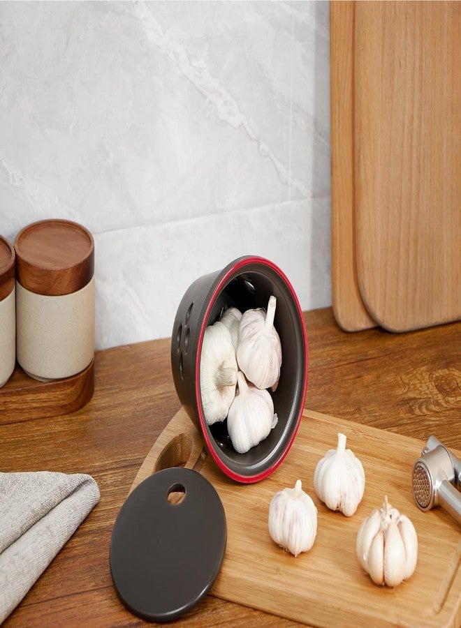 ONEMORE Large Garlic Keeper for Counter, Garlic Holder Countertop Garlic Storage Container with Lid, Ceramic Garlic Jar Garlic Saver Keeper for Fridge - Farmhouse Style Kitchen Décor, 5 inch, Black - Image 4